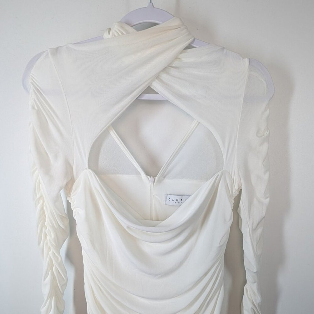 CLUB L‎ LONDON White Mesh Ruched Mock Neck Cutout Long Sleeve Bodycon Dress - Picture 4 of 8